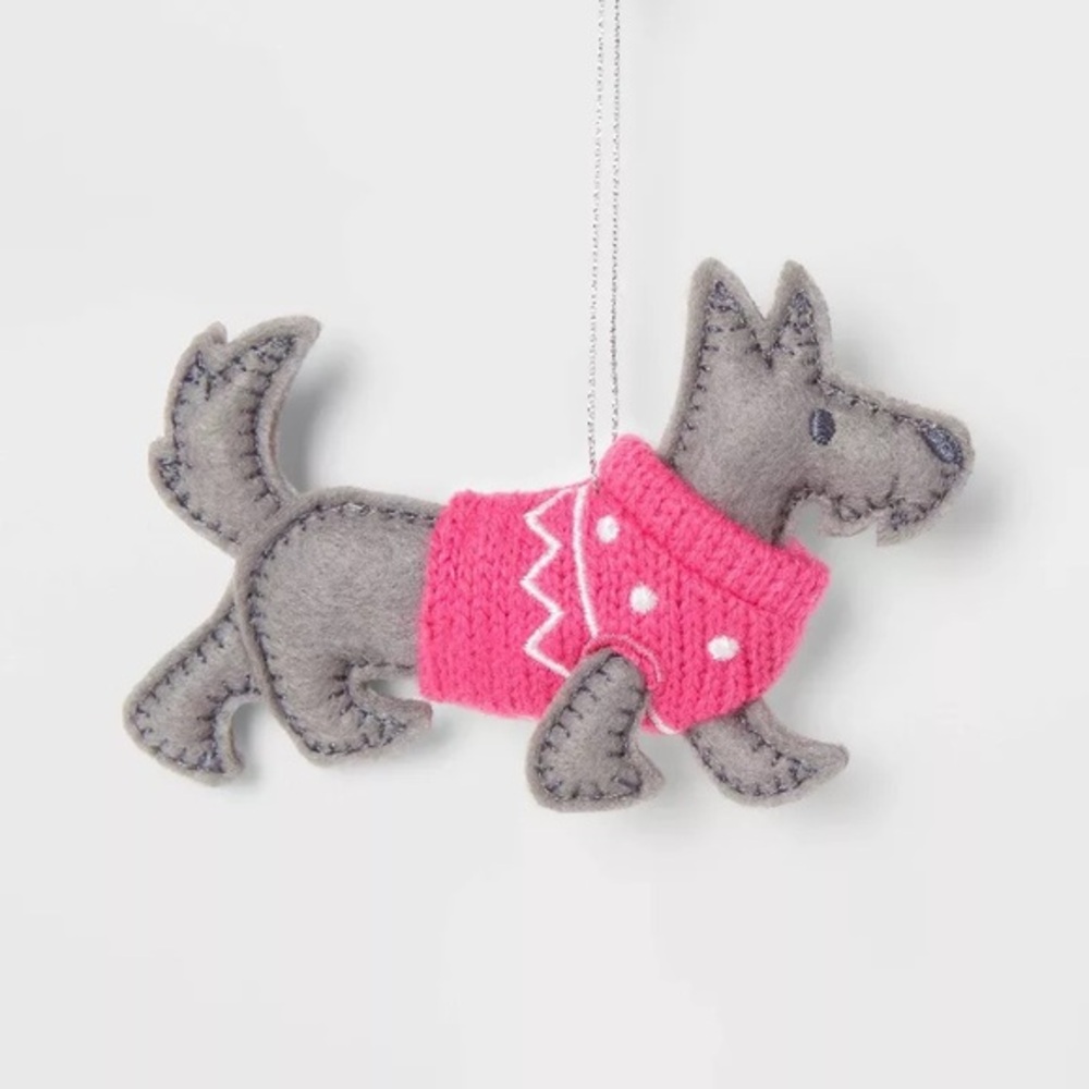 Fabric Scottish Terrier With Pink Sweater Christmas Tree Ornament Gray nwt